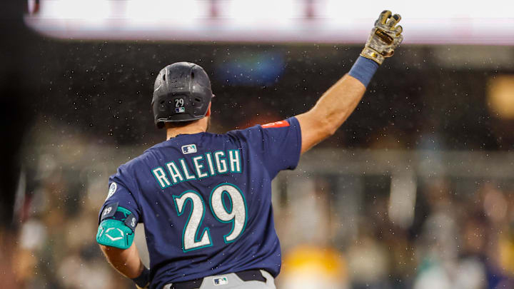 Seattle Mariners catcher Cal Raleigh (29) celebrates after hitting a one run home run during the seventh inning against the San Diego Padres at Petco Park on May 17.