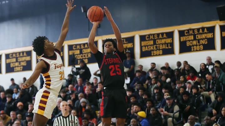 Stepinac's Jasiah Jervis (25) puts up a shot in front of Cardinal Hayes' Trevon Lewis (21) during the CHSAA Class AA basketball championship at Mount Saint Michael Academy in the Bronx Feb. 25, 2023. Cardinal Hayes won the game 85-69.

Stepinac Vs Hayes Chsaa Basketball Championship