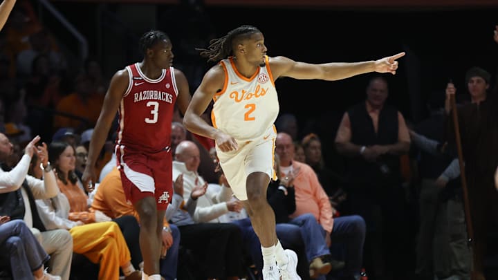 Jan 4, 2025; Knoxville, Tennessee, USA; Tennessee Volunteers guard Chaz Lanier (2) reacts to a play against the Arkansas Razorbacks during the second half at Thompson-Boling Arena at Food City Center. Mandatory Credit: Randy Sartin-Imagn Images