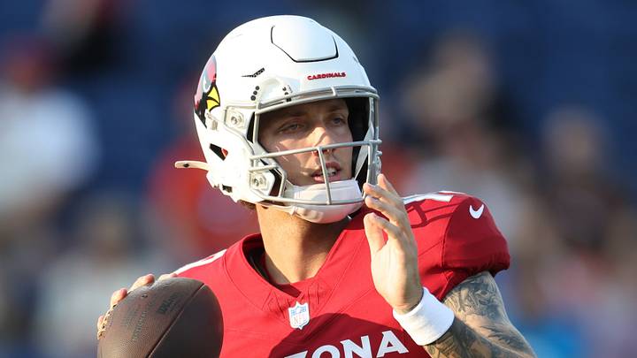Aug 6, 2026; Canton, Ohio, USA;  Arizona Cardinals quarterback Carson Beck (19) warms up before playing the the Carolina Panthers at Tom Benson Hall of Fame Stadium. Mandatory Credit: Charles LeClaire-Imagn Images