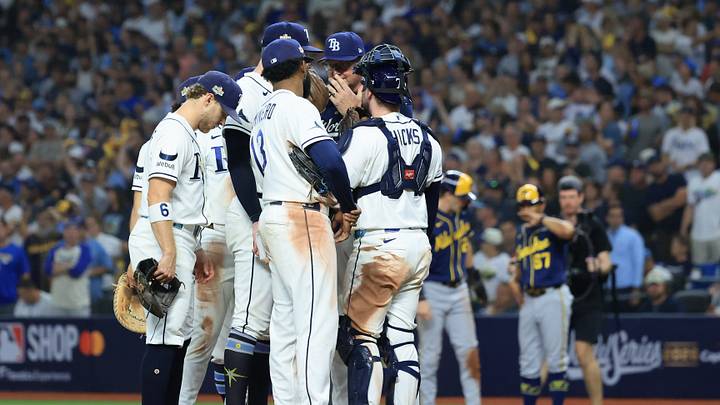 Oct 27, 2026; St. Petersburg, Florida, USA; Milwaukee Brewers pitching coach Chris Hook (84) speaks with pitcher Bryan Baker (47) on the mound during the ninth inning against the Milwaukee Brewers in game four of the 2026 World Series at Tropicana Field. Mandatory Credit: Kim Klement Neitzel-Imagn Images Oct 27, 2026; St. Petersburg, Florida, USA; Milwaukee Brewers pitching coach Chris Hook (84) speaks with pitcher Bryan Baker (47) on the mound during the ninth inning against the Milwaukee Brewers in game four of the 2026 World Series at Tropicana Field. Mandatory Credit: Kim Klement Neitzel-Imagn Images
