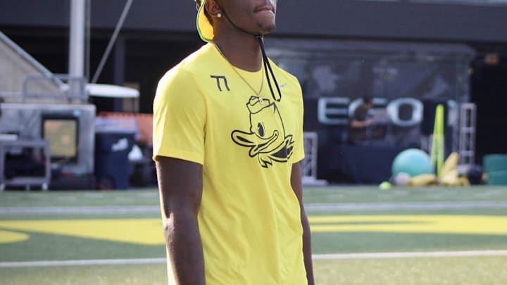 July 27, 2024; Eugene, OR, USA; Kendre Harrison  part of the top-ranked recruits flocked to Eugene for the 2024 Oregon Ducks Saturday Night Live 