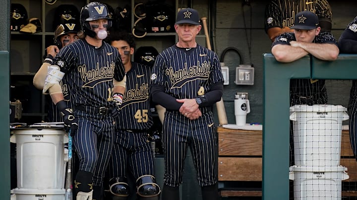 Vanderbilt head coach Tim Corbin watches his team face Louisville during the second inning at Hawkins Field in Nashville, Tenn., Tuesday, May 7, 2024. Vanderbilt head coach Tim Corbin watches his team face Louisville during the second inning at Hawkins Field in Nashville, Tenn., Tuesday, May 7, 2024.
