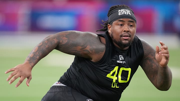 Feb 27, 2025; Indianapolis, IN, USA; Ohio State defensive lineman Tyleik Williams (DL40) participates in drills during the 2025 NFL Combine at Lucas Oil Stadium. 