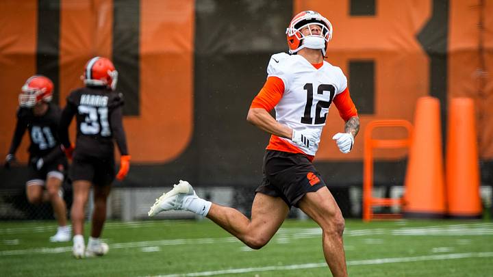 Cleveland Browns wide receiver Denzel Boston looks for a pass during the first day of rookie minicamp May 8, 2026, in Berea, Ohio.