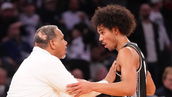 Mar 13, 2026; New York, NY, USA;  Georgetown Hoyas head coach Ed Cooley with Georgetown Hoyas forward Isaiah Abraham (7) during the second half at Madison Square Garden. Mandatory Credit: Robert Deutsch-Imagn Images