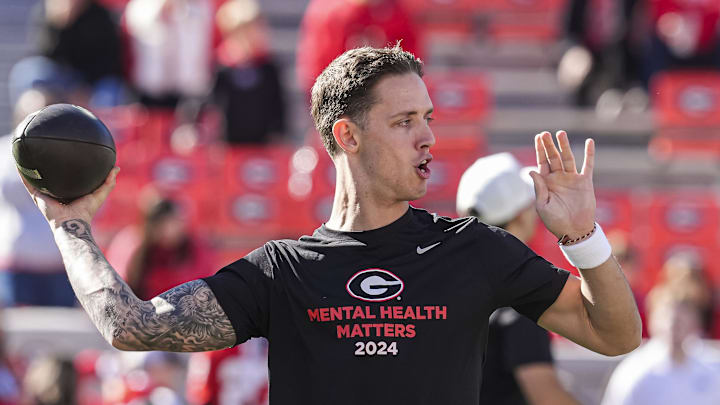 Nov 23, 2024; Athens, Georgia, USA; Georgia Bulldogs quarterback Carson Beck (15) shown on the field prior to the game against the Massachusetts Minutemen at Sanford Stadium. Mandatory Credit: Dale Zanine-Imagn Images