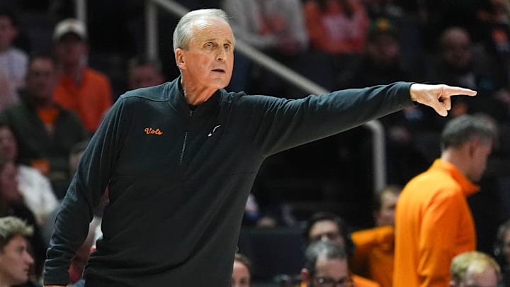 Tennessee coach Rick Barnes points during a NCAA basketball game between Tennessee and Texas A&M at Thompson-Boling Arena at Food City Center in Knoxville, Tenn., on Jan. 13, 2026.