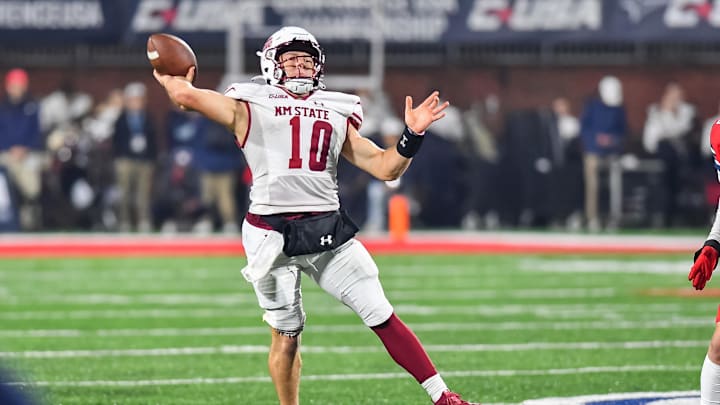 Dec 1, 2023; Lynchburg, VA, USA; New Mexico State Aggies quarterback Diego Pavia (10) throws a pass