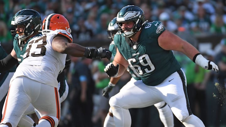 Oct 13, 2024; Philadelphia, Pennsylvania, USA; Philadelphia Eagles guard Landon Dickerson (69) blocks against the Cleveland Browns at Lincoln Financial Field. Mandatory Credit: Eric Hartline-Imagn Images Oct 13, 2024; Philadelphia, Pennsylvania, USA; Philadelphia Eagles guard Landon Dickerson (69) blocks against the Cleveland Browns at Lincoln Financial Field. Mandatory Credit: Eric Hartline-Imagn Images