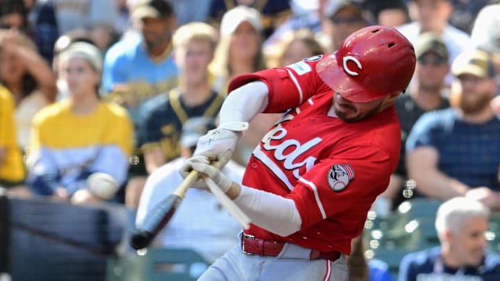 Sep 28, 2025; Milwaukee, Wisconsin, USA; Cincinnati Reds left fielder Gavin Lux (2) breaks his bat while hitting a single in the first inning against the Milwaukee Brewers at American Family Field. Mandatory Credit: Benny Sieu-Imagn Images Sep 28, 2025; Milwaukee, Wisconsin, USA; Cincinnati Reds left fielder Gavin Lux (2) breaks his bat while hitting a single in the first inning against the Milwaukee Brewers at American Family Field. Mandatory Credit: Benny Sieu-Imagn Images