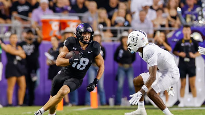 Sep 14, 2024; Fort Worth, Texas, USA; TCU Horned Frogs wide receiver Jack Bech (18) runs with the ball during the second quarter against the UCF Knights at Amon G. Carter Stadium. Mandatory Credit: Andrew Dieb-Imagn Images