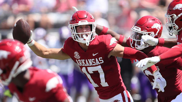 Sep 2, 2023; Little Rock, Arkansas, USA; Arkansas Razorbacks defensive back Hudson Clark (17) celebrates after an interception in the first quarter against the Western Carolina Catamounts at War Memorial Stadium. Mandatory Credit: Nelson Chenault-Imagn Images Sep 2, 2023; Little Rock, Arkansas, USA; Arkansas Razorbacks defensive back Hudson Clark (17) celebrates after an interception in the first quarter against the Western Carolina Catamounts at War Memorial Stadium. Mandatory Credit: Nelson Chenault-Imagn Images