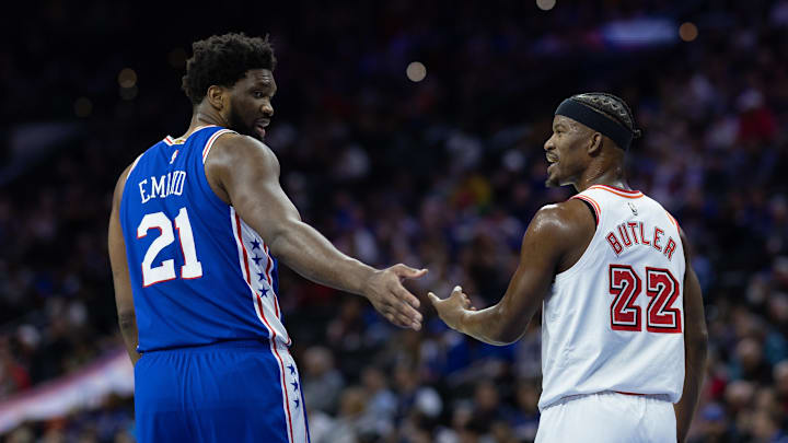 Feb 27, 2023; Philadelphia, Pennsylvania, USA; Philadelphia 76ers center Joel Embiid (21) and Miami Feb 27, 2023; Philadelphia, Pennsylvania, USA; Philadelphia 76ers center Joel Embiid (21) and Miami