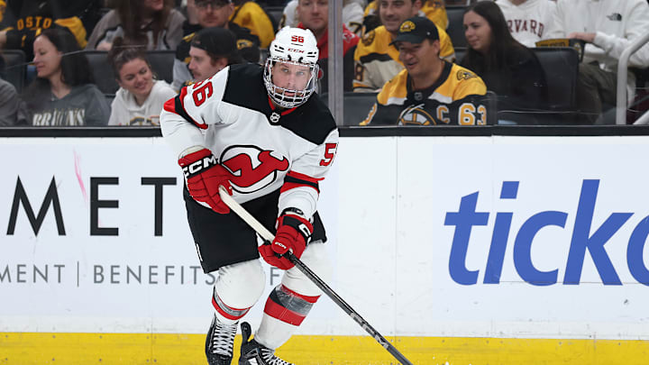 Erik Haula (Devils forward #56) playing against the Boston Bruins