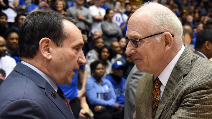 Mar 2, 2019; Durham, NC, USA; Duke Blue Devils head coach Mike Krzyzewski (left) greets Miami Hurricanes head coach Jim Larranaga prior to a game at Cameron Indoor Stadium. Mandatory Credit: Rob Kinnan-Imagn Images
