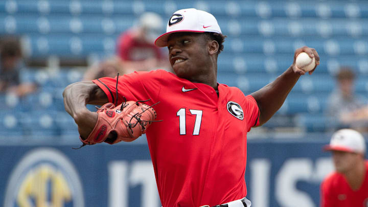 May 24, 2022; Hoover, AL, USA; Jaden Woods pitches for the Bulldogs as Alabama faced Georgia in game