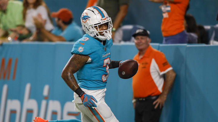 Miami Dolphins wide receiver Lynn Bowden Jr. (3) runs into the end zone after scoring a touchdown during the fourth quarter against the Philadelphia Eagles at Hard Rock Stadium in a 2022 preseason game.