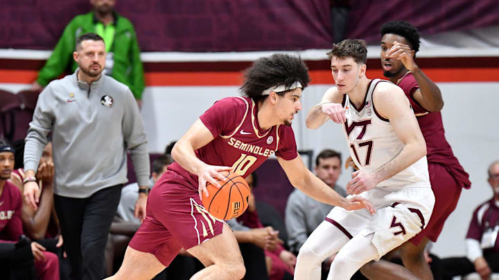 Feb 14, 2026; Blacksburg, Va.; Florida State guard Lajae Jones (10) drives with the ball as Virginia Tech guard Neoklis Avdalas (17) defends.