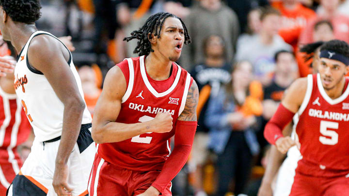 Oklahoma guard Javian McCollum (2) celebrates scoring in the second half during an NCAA basketball game between Oklahoma and Oklahoma State in Stillwater, Okla., on Saturday, Feb. 24, 2024. Oklahoma guard Javian McCollum (2) celebrates scoring in the second half during an NCAA basketball game between Oklahoma and Oklahoma State in Stillwater, Okla., on Saturday, Feb. 24, 2024.