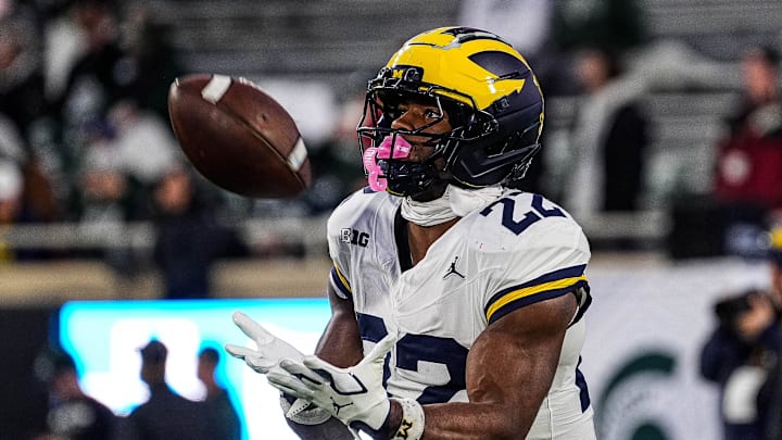 Michigan running back Justice Haynes (22) warms up at Spartan Stadium in East Lansing on Saturday, October 25, 2025.