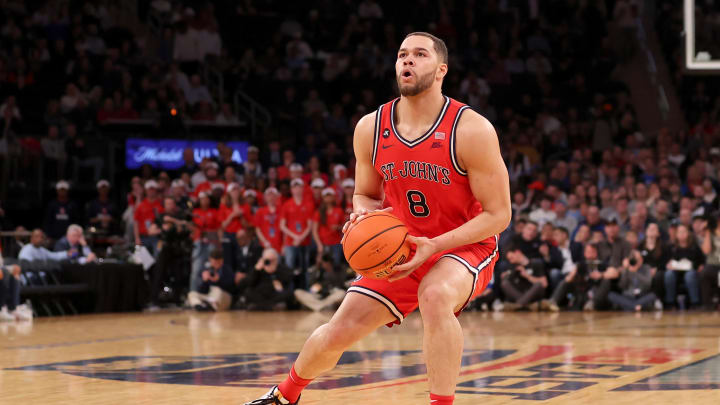 Mar 14, 2024; New York City, NY, USA; St. John's Red Storm guard Chris Ledlum (8) looks to shoot the