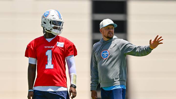 Jun 16, 2026; Nashville, TN, USA; Tennessee Titans quarterback Cam Ward (1) talks with quarterbacks coach Shea Tierney during day 1 of mini-camp at Vanderbilt Health Football Center. Mandatory Credit: Steve Roberts-Imagn Images Jun 16, 2026; Nashville, TN, USA; Tennessee Titans quarterback Cam Ward (1) talks with quarterbacks coach Shea Tierney during day 1 of mini-camp at Vanderbilt Health Football Center. Mandatory Credit: Steve Roberts-Imagn Images