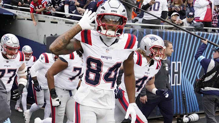 Nov 10, 2024; Chicago, Illinois, USA; New England Patriots wide receiver Kendrick Bourne (84) comes out of the tunnel against the Chicago Bears during the first half at Soldier Field. Mandatory Credit: David Banks-Imagn Images