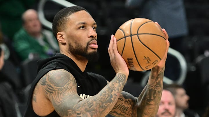 Apr 9, 2024; Milwaukee, Wisconsin, USA;  Milwaukee Bucks guard Damian Lillard (0) warms up before a game. 