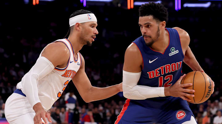 Jan 13, 2025; New York, New York, USA; Detroit Pistons forward Tobias Harris (12) controls the ball against New York Knicks guard Josh Hart (3) during the third quarter at Madison Square Garden. Mandatory Credit: Brad Penner-Imagn Images