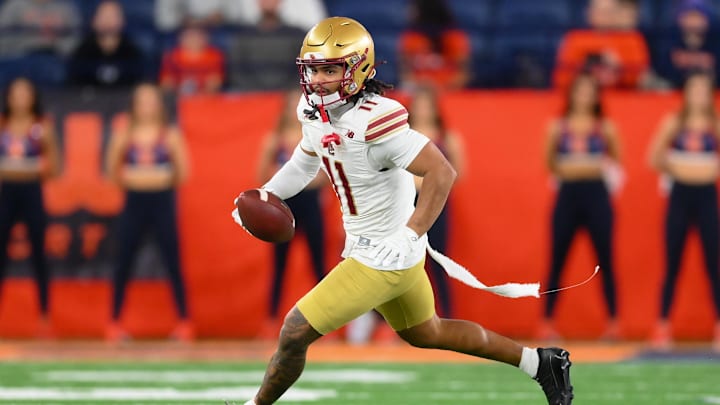 Nov 29, 2025; Syracuse, New York, USA; Boston College Eagles wide receiver Lewis Bond (11) runs against the Syracuse Orange during the second half at the JMA Wireless Dome. Mandatory Credit: Rich Barnes-Imagn Images Nov 29, 2025; Syracuse, New York, USA; Boston College Eagles wide receiver Lewis Bond (11) runs against the Syracuse Orange during the second half at the JMA Wireless Dome. Mandatory Credit: Rich Barnes-Imagn Images