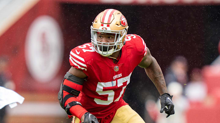 September 18, 2022; Santa Clara, California, USA; San Francisco 49ers linebacker Dre Greenlaw (57) during the third quarter against the Seattle Seahawks at Levi's Stadium. Mandatory Credit: Kyle Terada-Imagn Images
