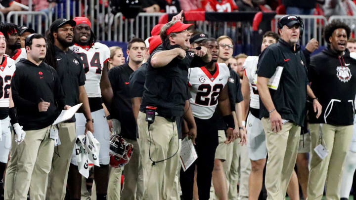 Dec 2, 2023; Atlanta, GA, USA; Georgia Bulldogs head coach Kirby Smart reacts in the second half against the Alabama Crimson Tide at Mercedes-Benz Stadium. Mandatory Credit: Jordan Godfree-USA TODAY Sports Dec 2, 2023; Atlanta, GA, USA; Georgia Bulldogs head coach Kirby Smart reacts in the second half against the Alabama Crimson Tide at Mercedes-Benz Stadium. Mandatory Credit: Jordan Godfree-USA TODAY Sports
