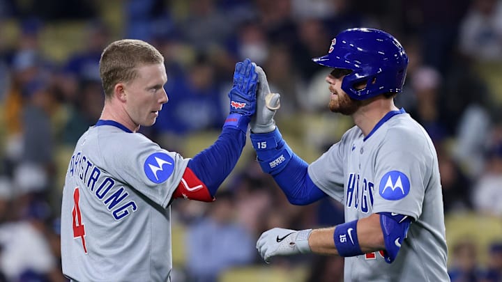 Cubs catcher Carson Kelly celebrates with outfielder Pete Crow-Armstrong after a home run. 