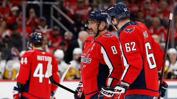 Apr 12, 2026; Washington, District of Columbia, USA; Washington Capitals left wing Alex Ovechkin (8) talks with Capitals left wing Ilya Protas (62) during a stoppage in play against the Pittsburgh Penguins during the first period at Capital One Arena. Mandatory Credit: Geoff Burke-Imagn Images Apr 12, 2026; Washington, District of Columbia, USA; Washington Capitals left wing Alex Ovechkin (8) talks with Capitals left wing Ilya Protas (62) during a stoppage in play against the Pittsburgh Penguins during the first period at Capital One Arena. Mandatory Credit: Geoff Burke-Imagn Images