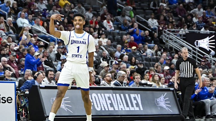 Mar 9, 2024; St. Louis, MO, USA;  Indiana State Sycamores guard Julian Larry (1) reacts after making