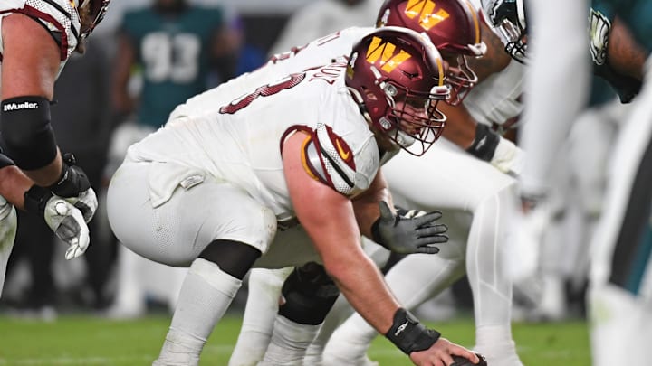 Nov 14, 2024; Philadelphia, Pennsylvania, USA; Washington Commanders center Tyler Biadasz (63) against the Philadelphia Eagles at Lincoln Financial Field. Mandatory Credit: Eric Hartline-Imagn Images