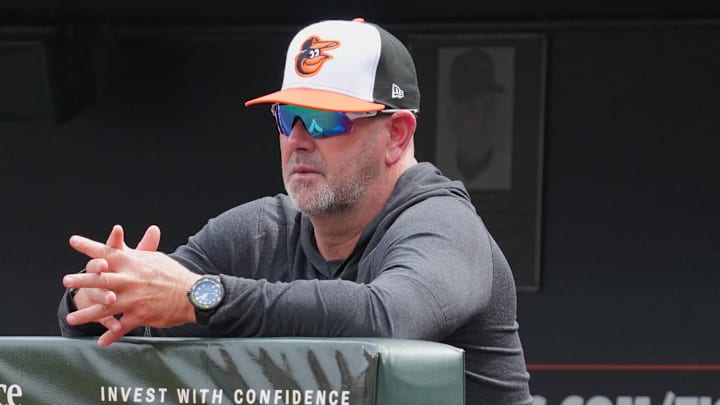 Apr 3, 2025; Baltimore, Maryland, USA; Baltimore Orioles manager Brandon Hyde (18) watches first inning action against the Boston Red Sox at Oriole Park at Camden Yards. 