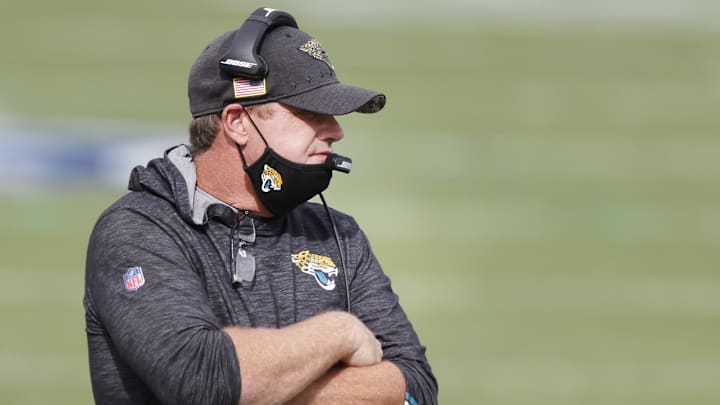 Nov 8, 2020; Jacksonville, Florida, USA;  Jacksonville Jaguars offensive coordinator Jay Gruden watches from the sidelines during the second quarter against the Houston Texans at TIAA Bank Field. Mandatory Credit: Reinhold Matay-Imagn Images