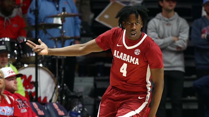 Feb 28, 2024; Oxford, Mississippi, USA; Alabama Crimson Tide guard Davin Cosby Jr. (4) reacts after a three point basket during the second half against the Mississippi Rebels at The Sandy and John Black Pavilion at Ole Miss. Mandatory Credit: Petre Thomas-Imagn Images Feb 28, 2024; Oxford, Mississippi, USA; Alabama Crimson Tide guard Davin Cosby Jr. (4) reacts after a three point basket during the second half against the Mississippi Rebels at The Sandy and John Black Pavilion at Ole Miss. Mandatory Credit: Petre Thomas-Imagn Images
