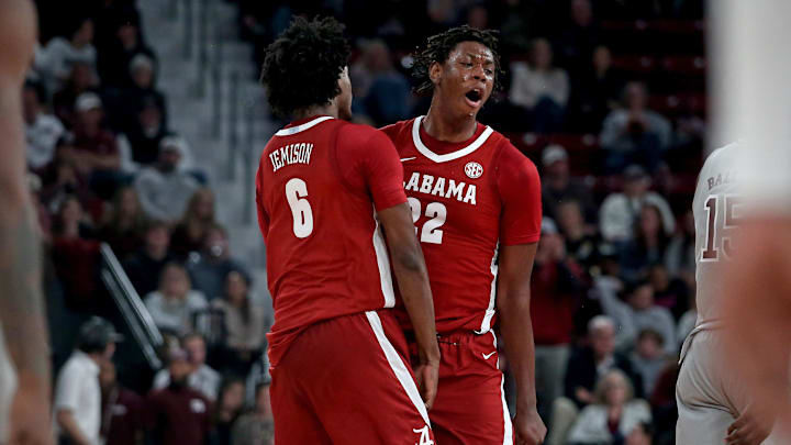 Jan 13, 2026; Starkville, Mississippi, USA; Alabama Crimson Tide forward London Jemison (6) reacts with forward Aiden Sherrell (22) during the second half against the Mississippi State Bulldogs at Humphrey Coliseum. 