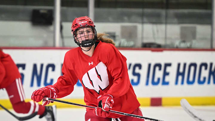 Wisconsin defender Caroline Harvey skates during women’s hockey practice Wednesday, September 17, 2025, at LaBahn Arena in Madison, Wisconsin.
