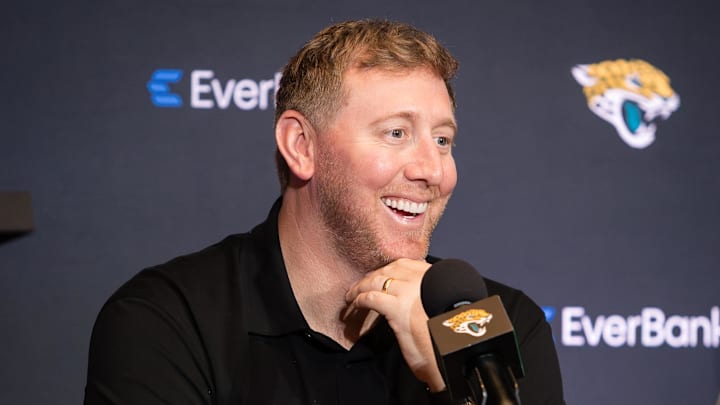 Apr 25, 2025; Jacksonville, FL, USA; Jacksonville Jaguars head coach Liam Coen talks to the media during a press conference to introduce first round draft pick Travis Hunter (not pictured) at Miller Electric Center. Mandatory Credit: Travis Register-Imagn Images Apr 25, 2025; Jacksonville, FL, USA; Jacksonville Jaguars head coach Liam Coen talks to the media during a press conference to introduce first round draft pick Travis Hunter (not pictured) at Miller Electric Center. Mandatory Credit: Travis Register-Imagn Images