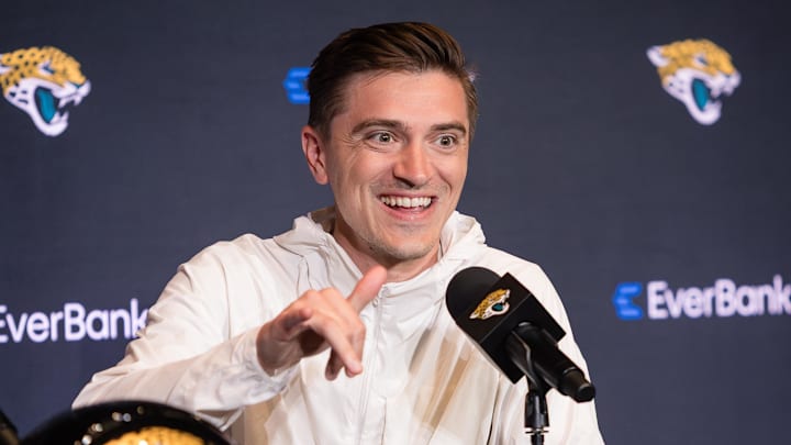 Apr 25, 2025; Jacksonville, FL, USA; Jacksonville Jaguars head general manager James Gladstone talks to the media during a press conference to introduce first round draft pick Travis Hunter (not pictured) at Miller Electric Center. Mandatory Credit: Travis Register-Imagn Images