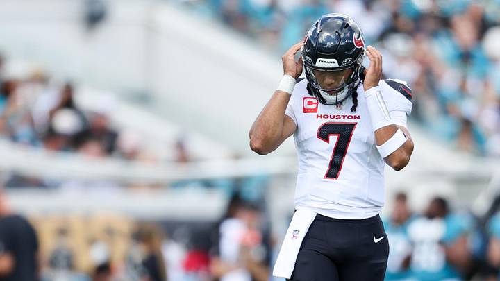 Sep 21, 2025; Jacksonville, Florida, USA; Houston Texans quarterback C.J. Stroud (7) looks on in between plays during the first quarter against the Jacksonville Jaguars at EverBank Stadium. Mandatory Credit: Morgan Tencza-Imagn Images