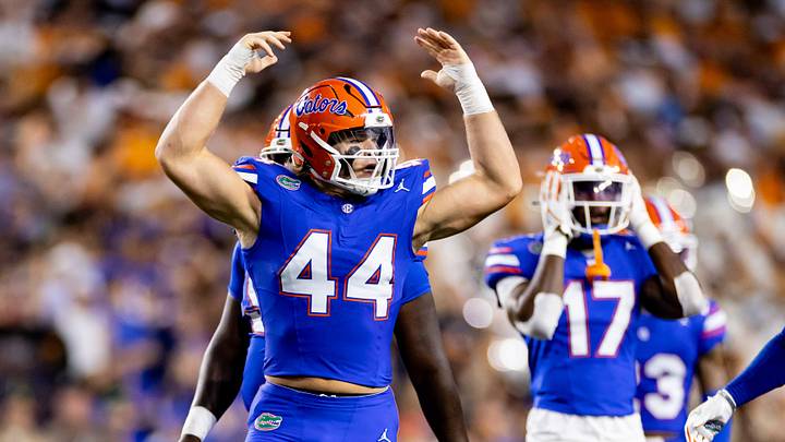 Sep 16, 2023; Gainesville, Florida, USA; Florida Gators defensive end Jack Pyburn (44) gestures to the crowd during the first half against the Tennessee Volunteers at Ben Hill Griffin Stadium. Mandatory Credit: Matt Pendleton-USA TODAY Sports