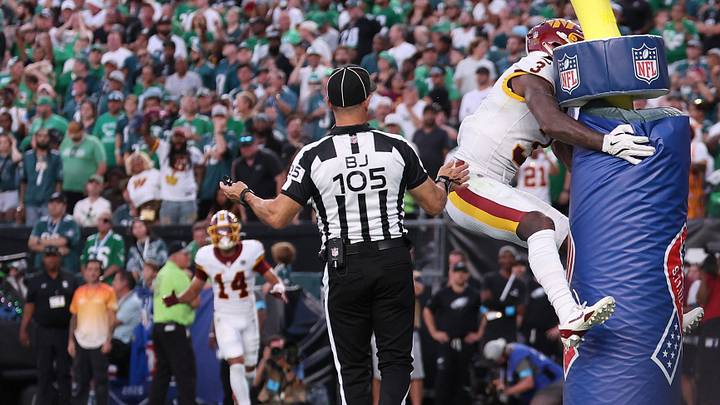 Washington Commanders wide receiver Stefon Diggs (3) celebrates after scoring a touchdown against the Philadelphia Eagles during the second half at Lincoln Financial Field.  Mandatory Credit: Bill Streicher-Imagn Images