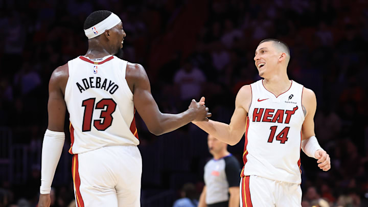 Miami's Bam Adebayo (left) and Tyler Herro (right) pictured versus New Orleans