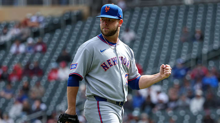 Apr 16, 2025; Minneapolis, Minnesota, USA; New York Mets pitcher A.J. Minter (33) reacts during the eighth inning against the Minnesota Twins at Target Field. Mandatory Credit: Matt Krohn-Imagn Images