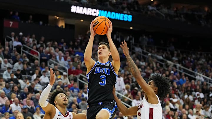 Mar 27, 2025; Newark, NJ, USA; Brigham Young Cougars guard Egor Demin (3) drives to the basket against Alabama Crimson Tide guard Mark Sears (1) during the second half during an East Regional semifinal of the 2025 NCAA tournament at Prudential Center. Mandatory Credit: Robert Deutsch-Imagn Images